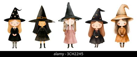 Aquarell Halloween Pack mit Geister Kürbisse Hexen und Fledermäuse Illustration Set Stockfoto