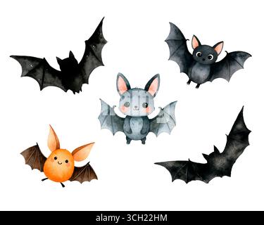 Aquarell Halloween Pack mit Geister Kürbisse Hexen und Fledermäuse Illustration Set Stockfoto
