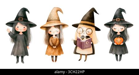 Aquarell Halloween Pack mit Geister Kürbisse Hexen und Fledermäuse Illustration Set Stockfoto