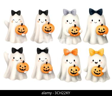 Aquarell Halloween Pack mit Geister Kürbisse Hexen und Fledermäuse Illustration Set Stockfoto