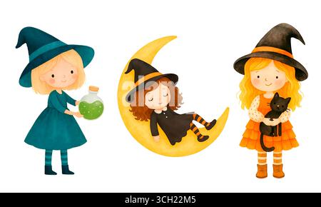 Aquarell Halloween Pack mit Geister Kürbisse Hexen und Fledermäuse Illustration Set Stockfoto