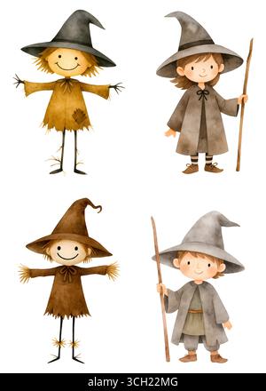 Aquarell Halloween Pack mit Geister Kürbisse Hexen und Fledermäuse Illustration Set Stockfoto