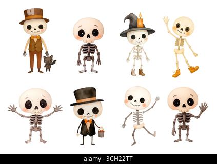 Aquarell Halloween Pack mit Geister Kürbisse Hexen und Fledermäuse Illustration Set Stockfoto