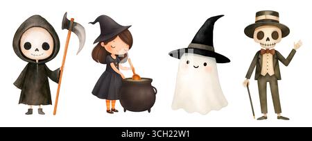 Aquarell Halloween Pack mit Geister Kürbisse Hexen und Fledermäuse Illustration Set Stockfoto