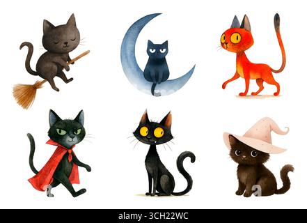 Aquarell Halloween Pack mit Geister Kürbisse Hexen und Fledermäuse Illustration Set Stockfoto