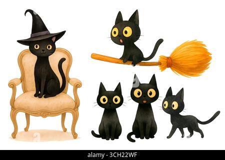 Aquarell Halloween Pack mit Geister Kürbisse Hexen und Fledermäuse Illustration Set Stockfoto