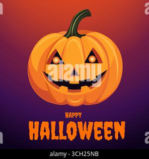 Happy Halloween Vorlage mit einem klassischen lächelnden Kürbis mit Lichtern in den Augen. Vektorabbildung. Hintergrund in festlichen Farben, lila und dunkel Stock Vektor