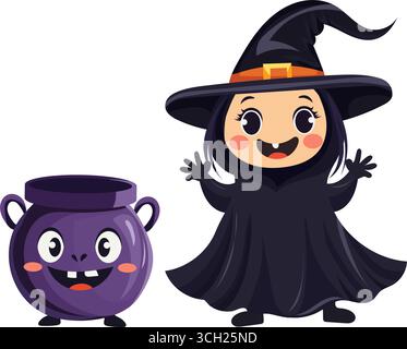 Fröhliche Hexe mit rosa Wangen lächelt süß und tanzt in der Nähe eines Kessels mit Trank. Kinder-Vektor-Illustration für Halloween, weißer Hintergrund Stock Vektor