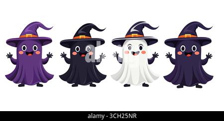Set aus niedlichem Geist in schwarz, lila, weißem Mantel und Hexenhut mit Lächeln und großen Augen. Vektor-Illustration für Halloween. Untergeordnetes Zeichen auf weißem Hintergrund Stock Vektor