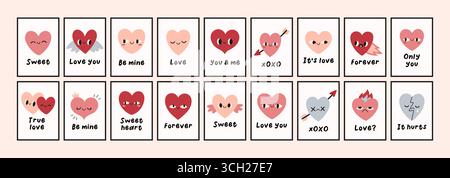 Trendige Vorlagen mit Doodle-Design für Valentinstag und Liebeskarte, Banner, Poster, Cover großes Set. Niedliche handgezeichnete Herzmaskottchen mit Liebeszitate. Rot Stock Vektor