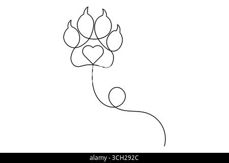 Einzeilige Zeichnung einer Hundepfote mit Herzpfoten-Druck Stock Vektor