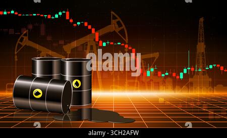 Diagramm der sinkenden Ölpreise pro Barrel. Rohölfässer auf dunklem, abstraktem Wüstenhintergrund. Verschüttete Pfütze mit Rohöl. Konzept fallender Preise Stock Vektor
