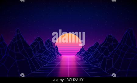 Retro-futuristischer abstrakter Hintergrund. Synthwave 80s Style, Neonfarbe, Lasergitter. Sonne, Berg. Dunkelblauer 3D-Hintergrund, digitale Vorlage. Sternenhimmel Stock Vektor