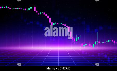 Börsenhandelsdiagramm. Abstrakter, violetter blauer Hintergrund der Finanzabteilung. Sinkender Finanzmarkt. Japanische Kerzenhalter. Hintergrund der Konjunkturentwicklung Stock Vektor
