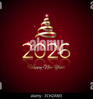 2026, 26 Happy New Year. Glänzend goldenes 2026 mit Weihnachtsbaum. Neujahrsdesign für Einladung, Grußkarte, Kalender. Glänzendes goldfarbenes Logo, Band Stock Vektor