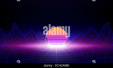 Retro-futuristischer abstrakter Hintergrund. Synthwave 80s Style, Lasergitter, Drahtmodell. Sonne, Sonnenuntergang, Berg. Neonfarbener 3D-Hintergrund in Dunkelblau, digitale Vorlage. Stock Vektor