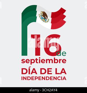 16. September, mexiko-Unabhängigkeitstag. Vektorvorlage mit gewellter mexikanischer Flagge in einfachem prägnantem Stil, Symbol. Nationalfeiertag von Mexiko. Grußkarte Stock Vektor