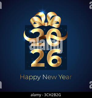 2026, 26 Happy New Year. Glänzend goldenes 2026 in Form einer Geschenkbox mit Band, Schleife auf dunklem Hintergrund. Grußkarte. Neujahrsdesign für Einladung Stock Vektor