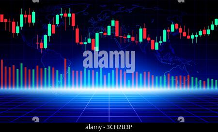 Börsenhandelsdiagramm. Abstrakte Weltkarte mit blauem Hintergrund für Finanzen. Volatiler Finanzmarkt. Japanische Kerzenhalter. Investitionskonzept. Wirtschaftlichkeit Stock Vektor