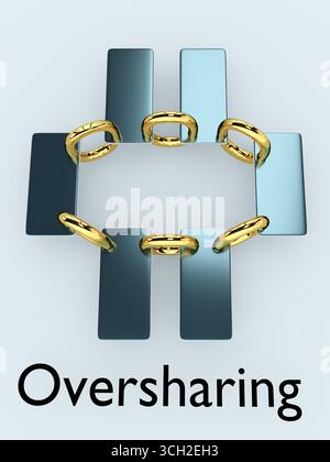 3D-Illustration des „Oversharing“-Skripts unter 6 symbolischen Cellulr-Telefonen, die symbolisch durch Kettenglieder verbunden sind. Stockfoto