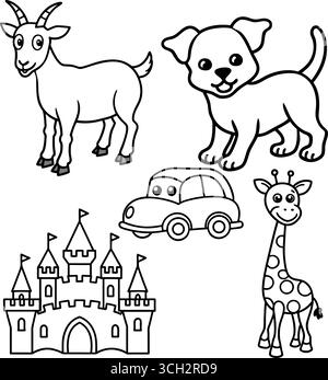 Bezaubernde Sammlung von Umrisszeichnungen mit einem Ziegenhündchen Burgwagen und Giraffe Stock Vektor