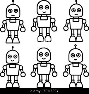 Sechs verspielte Cartoon-Roboter in einer Reihe mit jeweils einem einzigartigen ausdrucksstarken Gesicht Stock Vektor