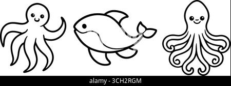 Niedliche handgezeichnete Meeresbewohner, Kraken und Fische, umrahmen Designelemente für Kinder Stock Vektor