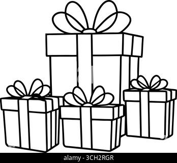 Vier festliche Geschenkboxen mit Bändern und Schleifen zu einem besonderen Anlass Stock Vektor