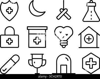 Sammlung von medizinischen Ikonen Krankenwagen erste-Hilfe-Kit Bandagen IV Tropf und mehr Gesundheit Symbole Stock Vektor