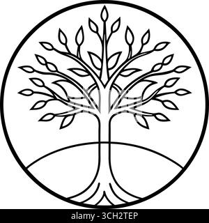 Symbolischer Baum des Lebens, umrahmt von einem Kreis mit Wurzeln und Ästen, die nach außen reichen Stock Vektor