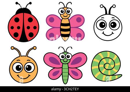 Niedliche Zeichentrickinsekten: Marienkäfer, Bienen, Schmetterlinge und Schnecken Illustrationen für Kinderdesigns. Stock Vektor