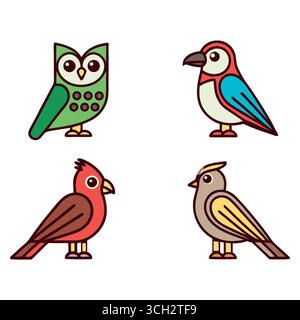 Niedliche Zeichentrickvogel-Symbole: Eulen, Papageien, Kardinal und Vogel, leuchtende Farben, Kindlicher Stil, Glückliche Stimmung, Vektor-Illustration. Stock Vektor
