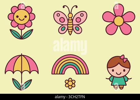 Niedliche handgezeichnete Frühlingssymbole mit Blumen Schmetterling Regenbogen und Mädchen Stock Vektor