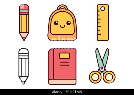 Süßes Kawaii-Schulzubehör-Set mit Rucksack und Bleistiften Stock Vektor