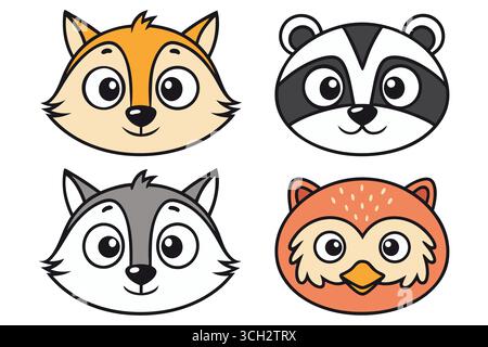 Niedliche Cartoon-Tiergesichter mit Fuchswaffe Wolf und Eulen Stock Vektor