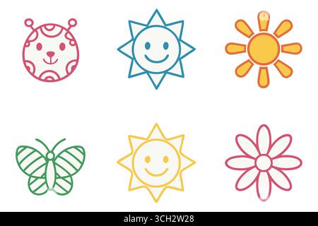 Niedliche handgezeichnete Frühlingssymbole mit Sonnenblume und Marienkäfer Stock Vektor