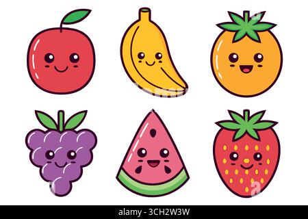 Bezauberndes Kawaii-Fruchtset: Apfel, Banane, Orange, Trauben, Wassermelone, Erdbeere; Fröhlich, Hell, Im Cartoon-Stil. Stock Vektor
