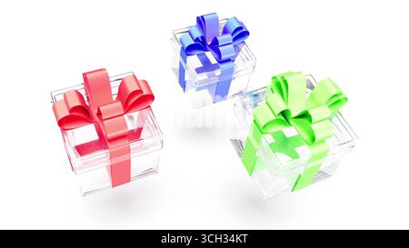 Geschenkboxen aus Baumglas mit farbigen Seidenbändern auf weißem bg 3D-Rendering Stockfoto