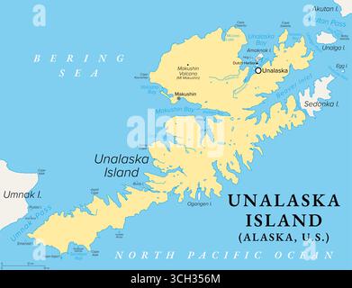 Unalaska Island, Alaska, Vereinigte Staaten, politische Karte. Teil der Fuchsinseln der Aleutischen Inseln. Stockfoto