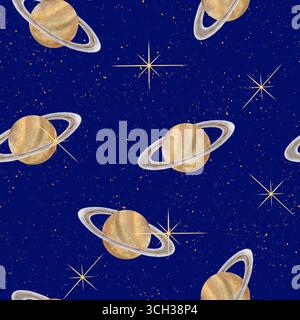 Nahtloses Muster von saturn und Sternen, handgezeichnet in Aquarell. Stockfoto