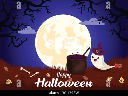 Halloween-Grußkarte mit blauem Hintergrund und verziertem Mond und Geist Stock Vektor