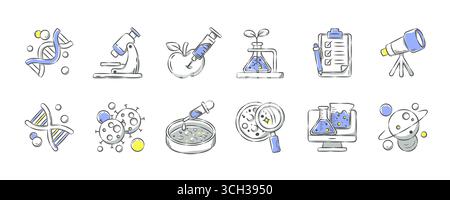 Wissenschaft und Labor. Hand gezeichnet Icon Zeichentrickillustrierung Sammlung . Satz 1 von 3 . Vektor . Stock Vektor