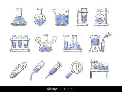 Wissenschaft und Labor. Hand gezeichnet Icon Zeichentrickillustrierung Sammlung . Satz 3 von 3 . Vektor . Stock Vektor