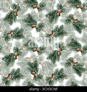 Nahtloses Muster aus Winterkiefernzweigen mit Schnee, ideal für Weihnachtsdekoration und saisonale Projekte. Stockfoto