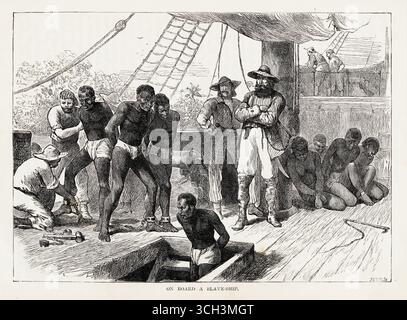 Gravierte Abbildung von Gefangenen Sklaven in Ketten, die um 1880 auf ein Sklavenschiff an der Küste Afrikas geladen wurden. Stockfoto
