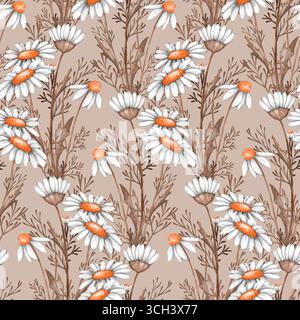 Floraler Hintergrund mit weißen Gänseblümchen, Blättern und Gras. Nahtloses Blumenmuster. Stockfoto