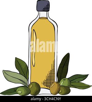 Natürliches Olivenöl, Olivenzweig und Flasche für Olivenöletiketten, Vektor-grafische Linie Tinte farbige Illustration. Restaurant, natürliche Produkte. Perfekte s Stock Vektor