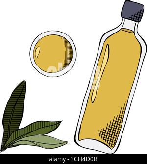 Olivenölflasche mit Pfütze und Blätter Zusammensetzung. Vektorgrafik Linie farbige Illustration. Silhouettenzeichen für Logo, Druck, Comics, Mode, B Stock Vektor