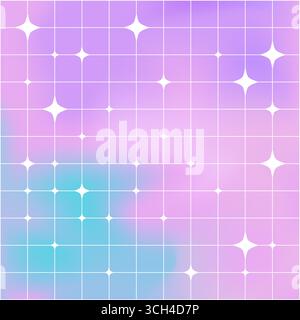 Groovige Fantasy heller Verlauf Hintergrund y2k Retro Blau und rosa Pastellgalaxie Ästhetik. Pop-Einhorn mit Sternen, trendiges kariertes Ornament. Vektorabbildung Stock Vektor