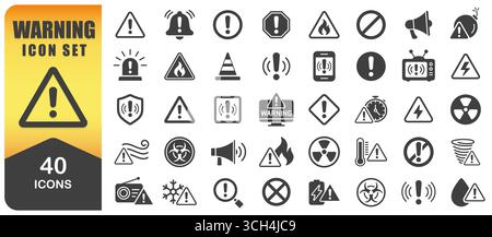 Warnsymbol Symbolgruppe. Paket Mit Warnsymbolen, Warnschildern, Gefahrensymbolen Und Sicherheitshinweisen. Abbildung Des Isolierten Vektors Stock Vektor